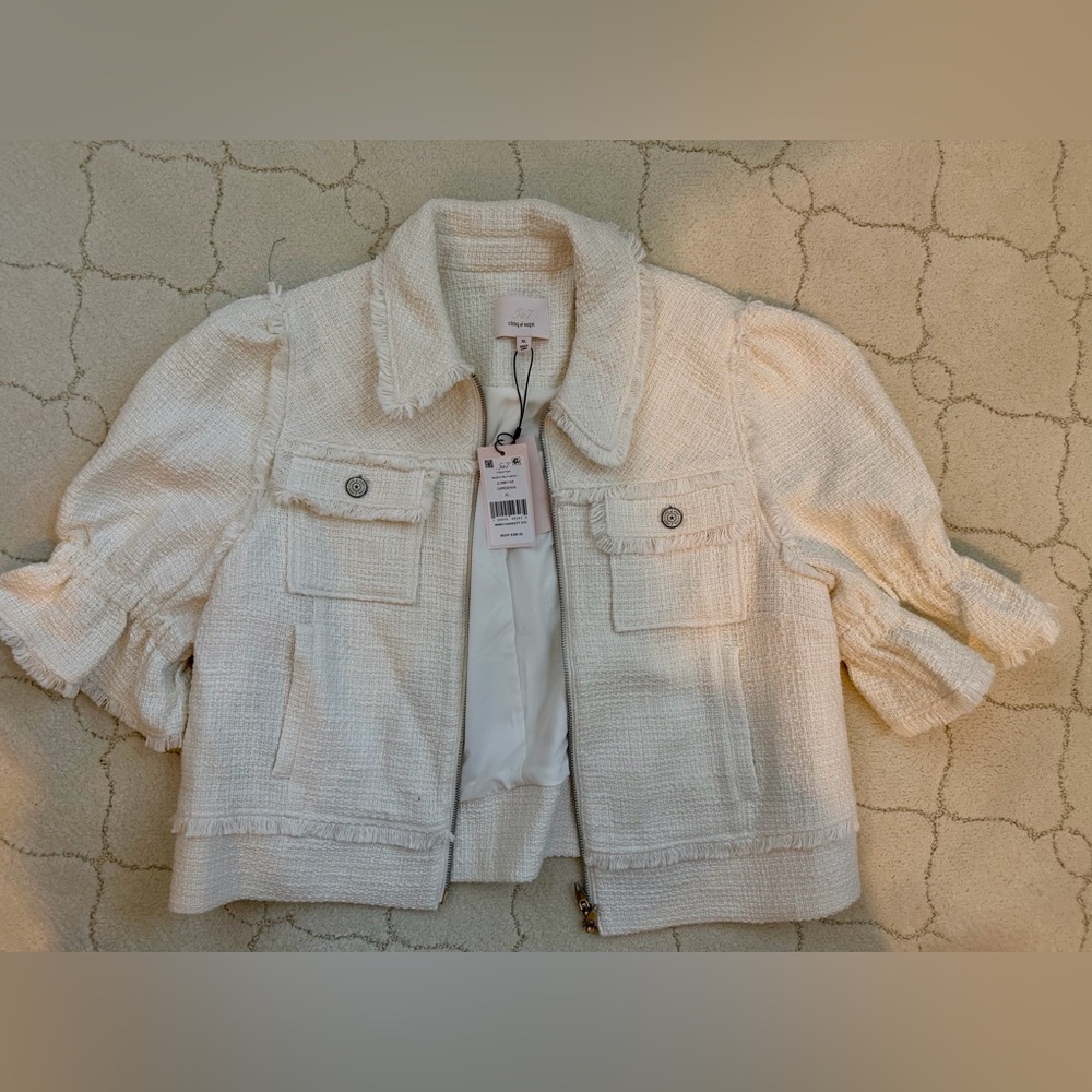 cinq a sept Cream Textured Tweed Cropped Jacket
